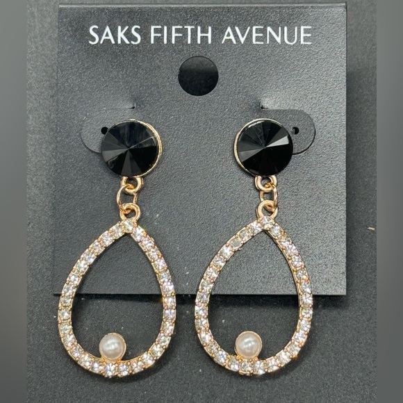 Saks Fifth Ave Black Crystal Post With Drop teardrop Pave Crystal Earrings - Picture 3 of 5